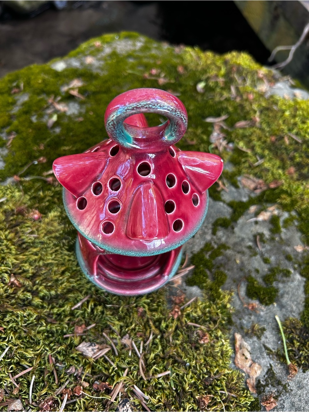 Royal Gouda Holland Ceramic Red-Teal Glazed Lantern Candle Holder - Picture 2 of 5